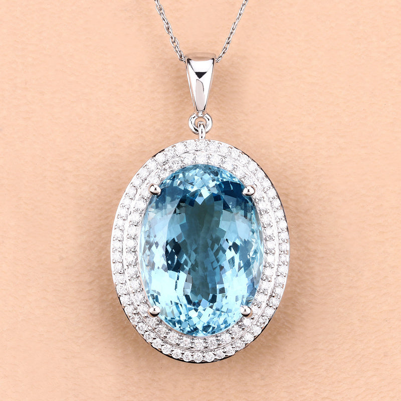 16.11 Carat Genuine Aquamarine and White Diamond 14K White Gold Pendant