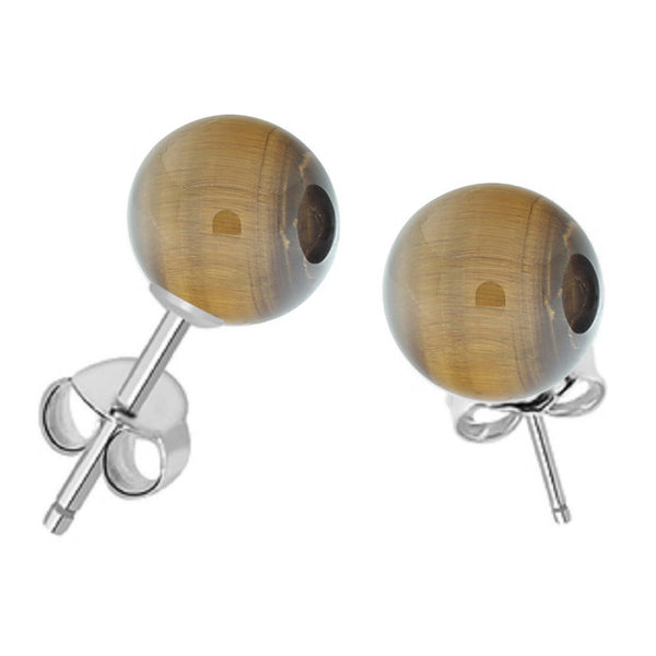 V3 Jewelry 8MM Tiger Eye Ball Sterling Silver Stud Earrings