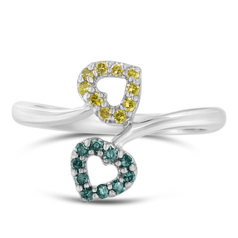 10k White Gold 1/4ct TDW Treated Blue and Yellow Round Diamond Heart Ring(I2-I3)