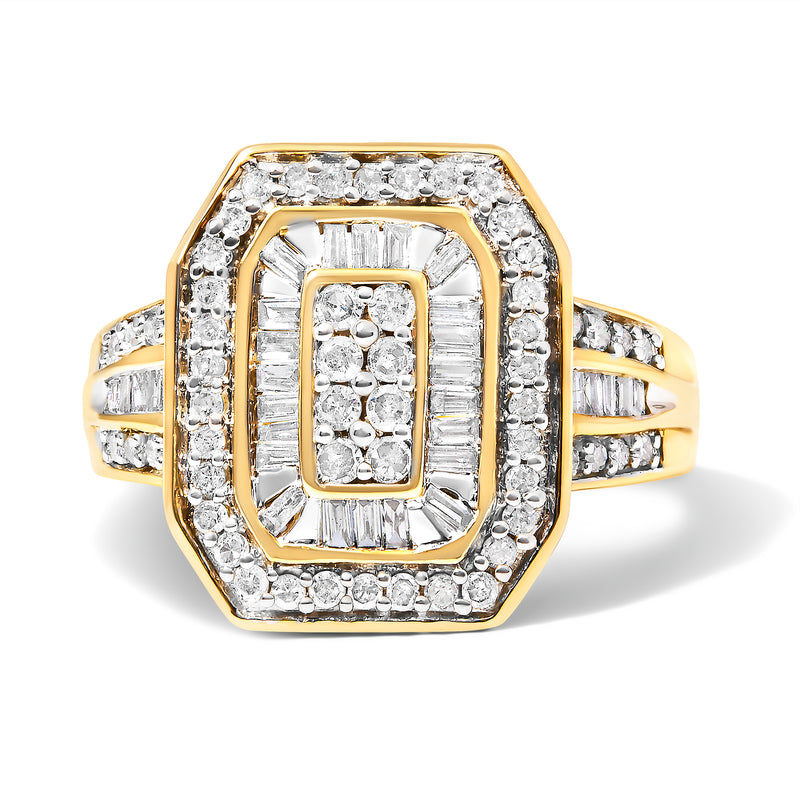 10K Yellow Gold 1.0 Cttw Diamond Vintage Inspired Baguette-Cut Double Halo Emerald-Shaped Frame Cocktail Ring (I-J Color, I1-I2 Clarity) - Size 6-1/2