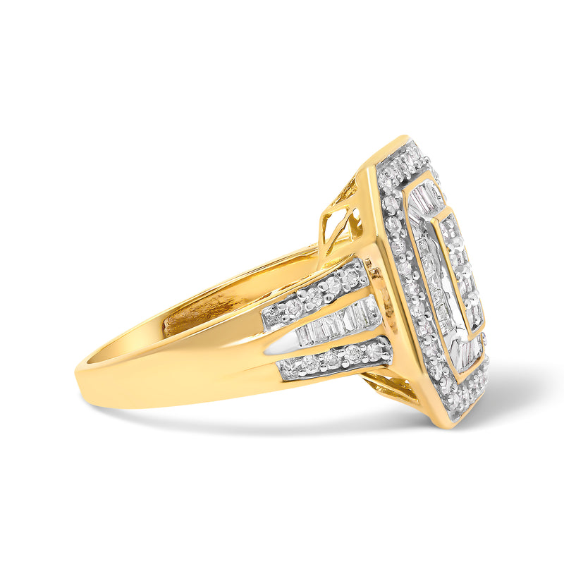 10K Yellow Gold 1.0 Cttw Diamond Vintage Inspired Baguette-Cut Double Halo Emerald-Shaped Frame Cocktail Ring (I-J Color, I1-I2 Clarity) - Size 6-1/2