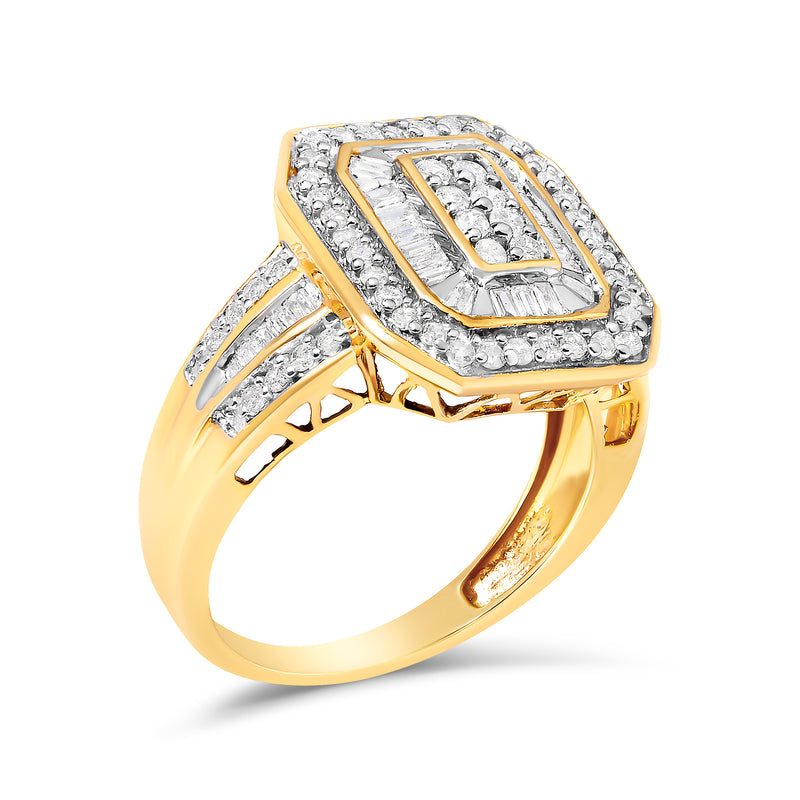 10K Yellow Gold 1.0 Cttw Diamond Vintage Inspired Baguette-Cut Double Halo Emerald-Shaped Frame Cocktail Ring (I-J Color, I1-I2 Clarity) - Size 6-1/2