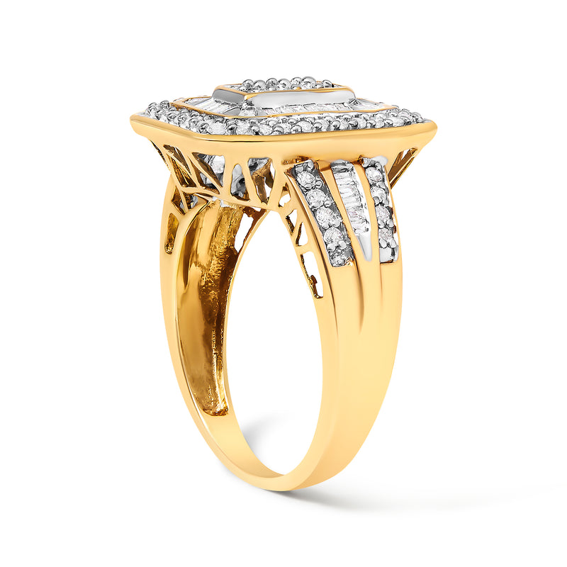 10K Yellow Gold 1.0 Cttw Diamond Vintage Inspired Baguette-Cut Double Halo Emerald-Shaped Frame Cocktail Ring (I-J Color, I1-I2 Clarity) - Size 6-1/2