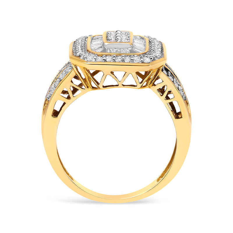 10K Yellow Gold 1.0 Cttw Diamond Vintage Inspired Baguette-Cut Double Halo Emerald-Shaped Frame Cocktail Ring (I-J Color, I1-I2 Clarity) - Size 6-1/2