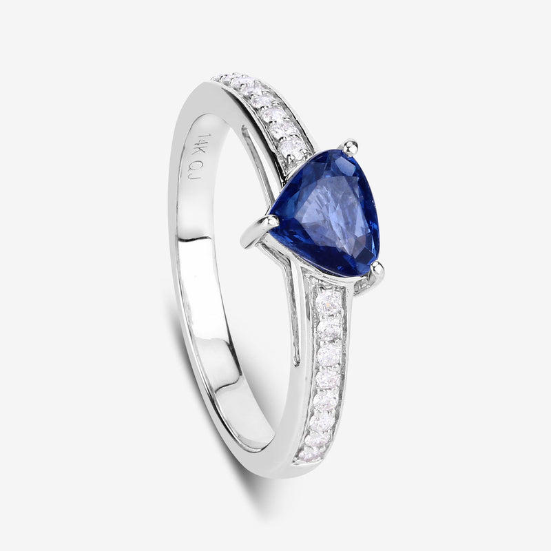 1.14 Carat Genuine Blue Sapphire and White Diamond 14K White Gold Ring