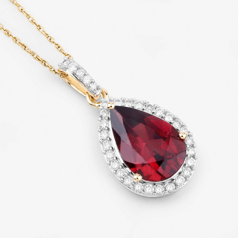 3.29 Carat Genuine Rhodolite and White Diamond 14K Yellow Gold Pendant