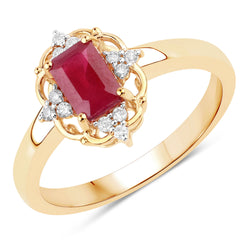 0.94 Carat Genuine Ruby and White Diamond 14K Yellow Gold Ring