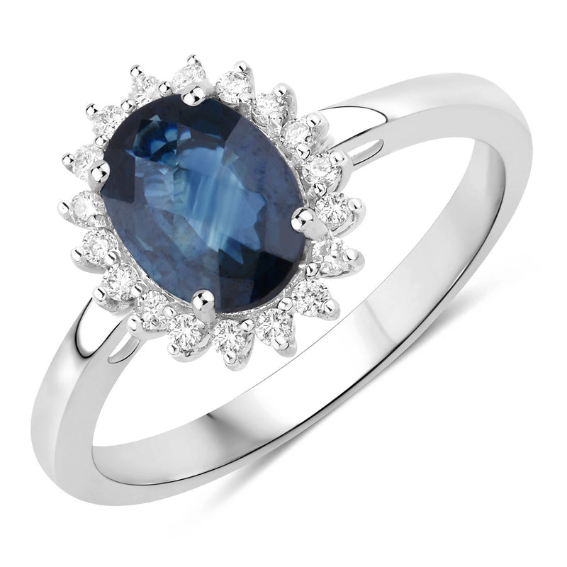 1.66 Carat Genuine Blue Sapphire and White Diamond 14K White Gold Ring