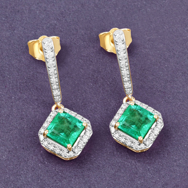 1.97 Carat Genuine Emerald and White Diamond 14K Yellow Gold Earrings