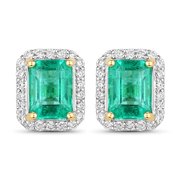 2.09 Carat Genuine Emerald and White Diamond 14K Yellow Gold Earrings