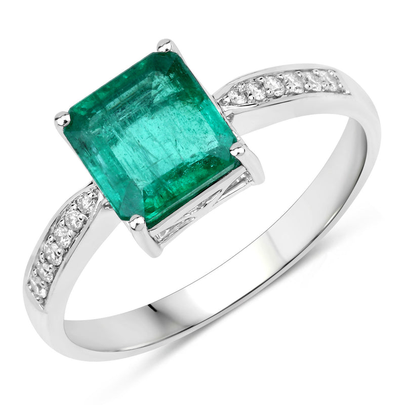 IGI Certified 1.55 Carat Genuine Zambian Emerald and White Diamond 14K White Gold Ring