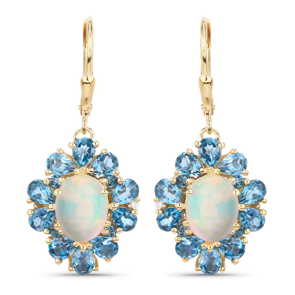 5.76 Carat Genuine Ethiopian Opal, London Blue Topaz and White Topaz .925 Sterling Silver Earrings