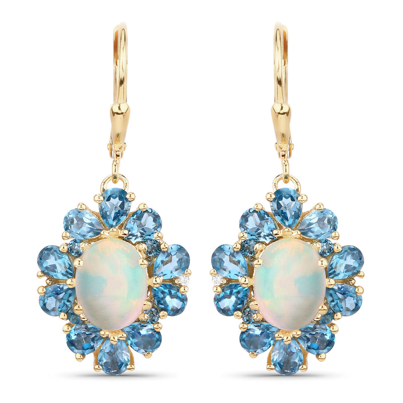 5.76 Carat Genuine Ethiopian Opal, London Blue Topaz and White Topaz .925 Sterling Silver Earrings