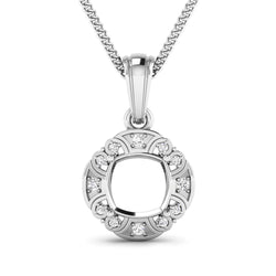 0.09 Carat Genuine White Diamond 14K White Gold Semi Mount Pendant - holds 8x8mm Cushion Gemstone