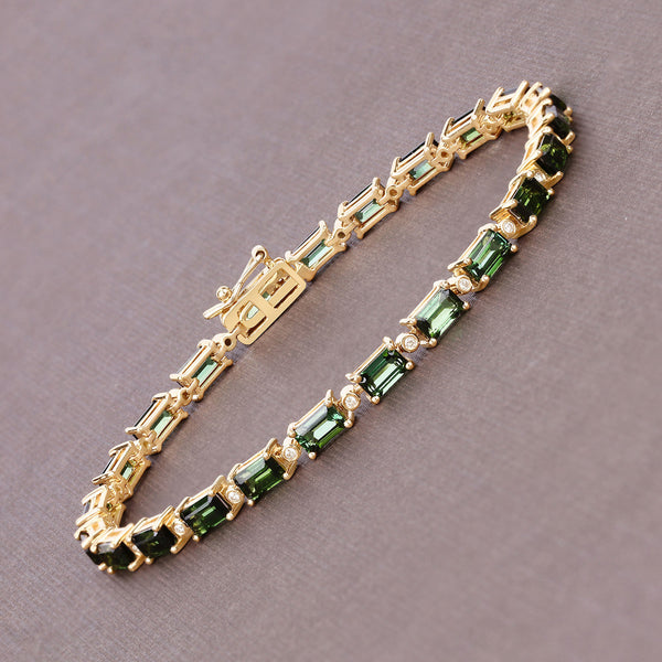 7.51 Carat Genuine Green Tourmaline and White Diamond 14K Yellow Gold Bracelet