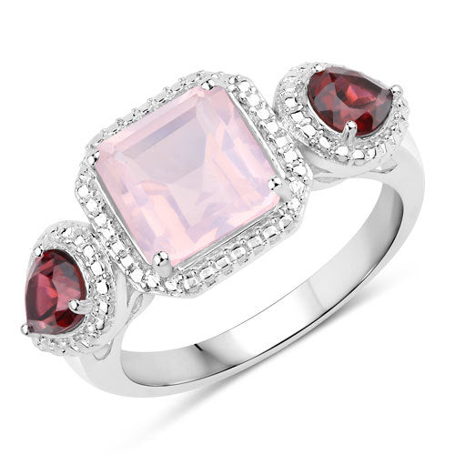 3.20 Carat Genuine Rose Quartz and Rhodolite .925 Sterling Silver Ring