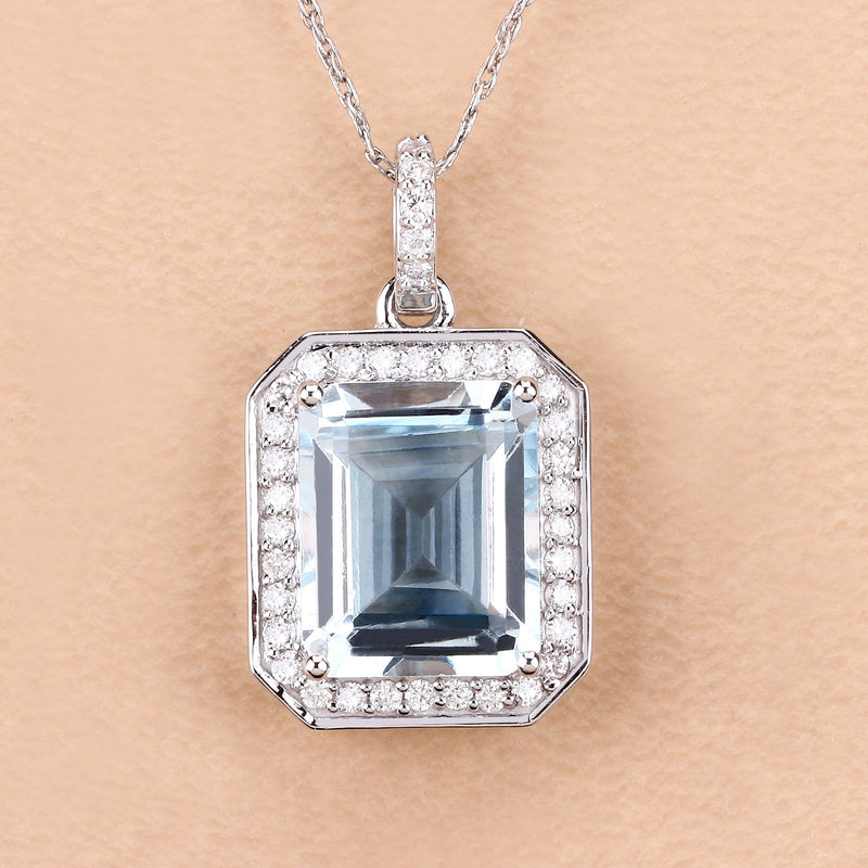 4.19 Carat Genuine Aquamarine and White Diamond 14K White Gold Pendant