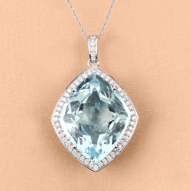 24.22 Carat Genuine Aquamarine and White Diamond 14K White Gold Pendant