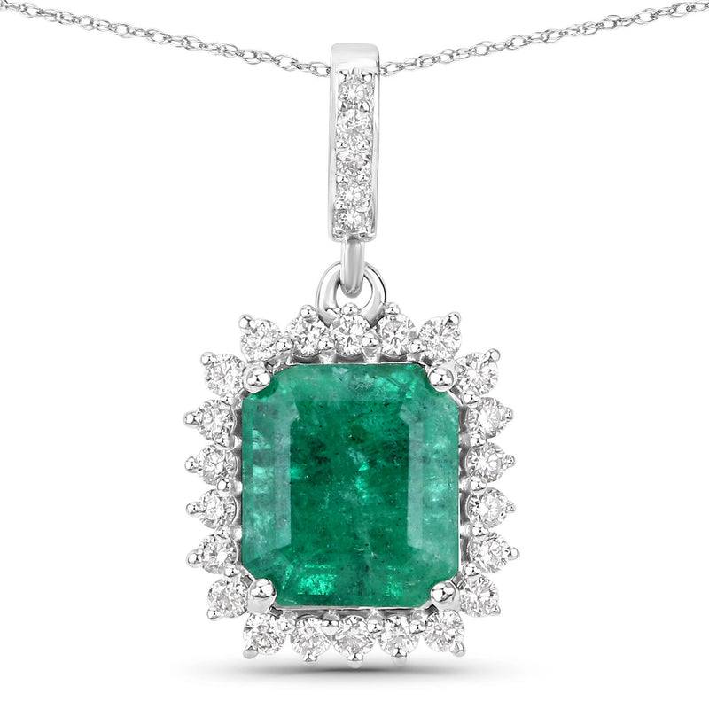 IGI Certified 2.06 Carat Genuine Zambian Emerald and White Diamond 14K White Gold Pendant