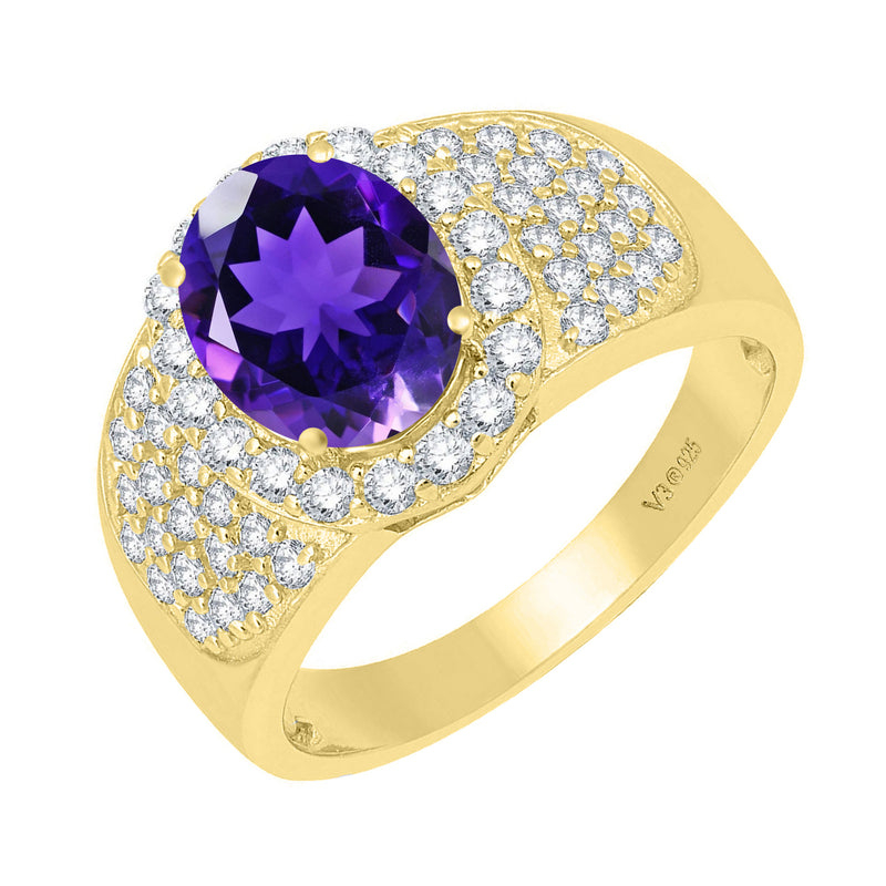 V3 Jewelry Natural Amethyst & White Topaz 18K Gold plated Sterling Silver Halo Ring