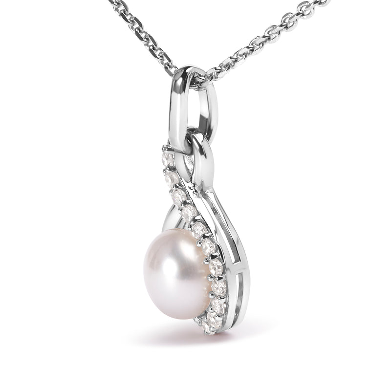 .925 Sterling Silver 6.0 MM Freshwater Cultured Pearl and Diamond Accent Infinity Swirl 18" Pendant Necklace (I-J color, I3 Clarity)