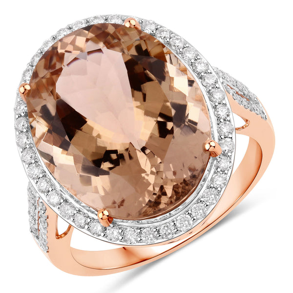 11.63 Carat Genuine Morganite and White Diamond 14K Rose Gold Ring