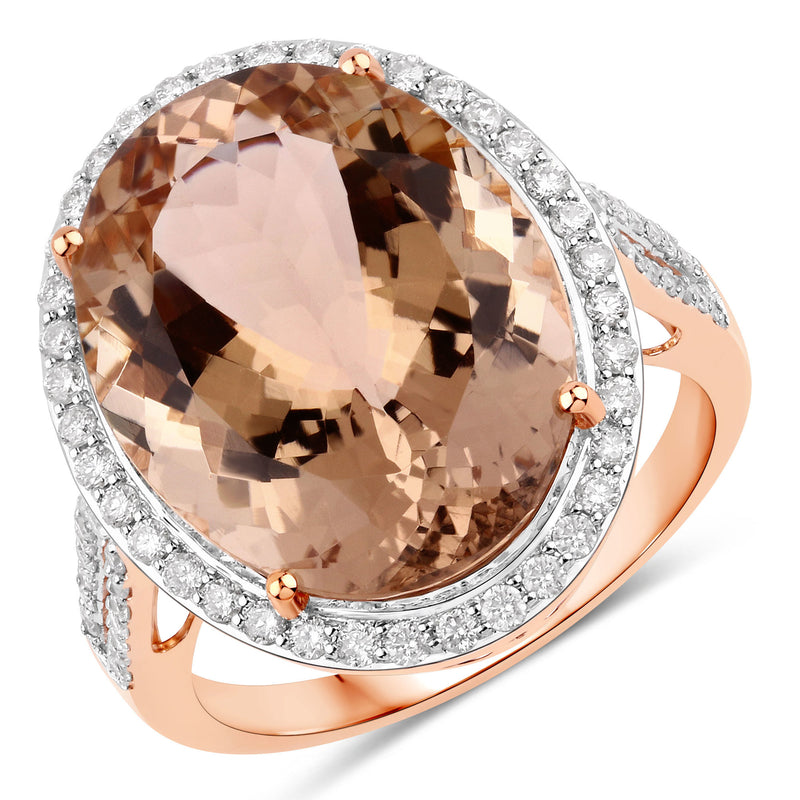 11.63 Carat Genuine Morganite and White Diamond 14K Rose Gold Ring