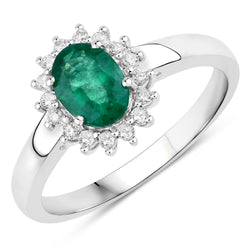 0.86 Carat Genuine Zambian Emerald and White Diamond 14K White Gold Ring