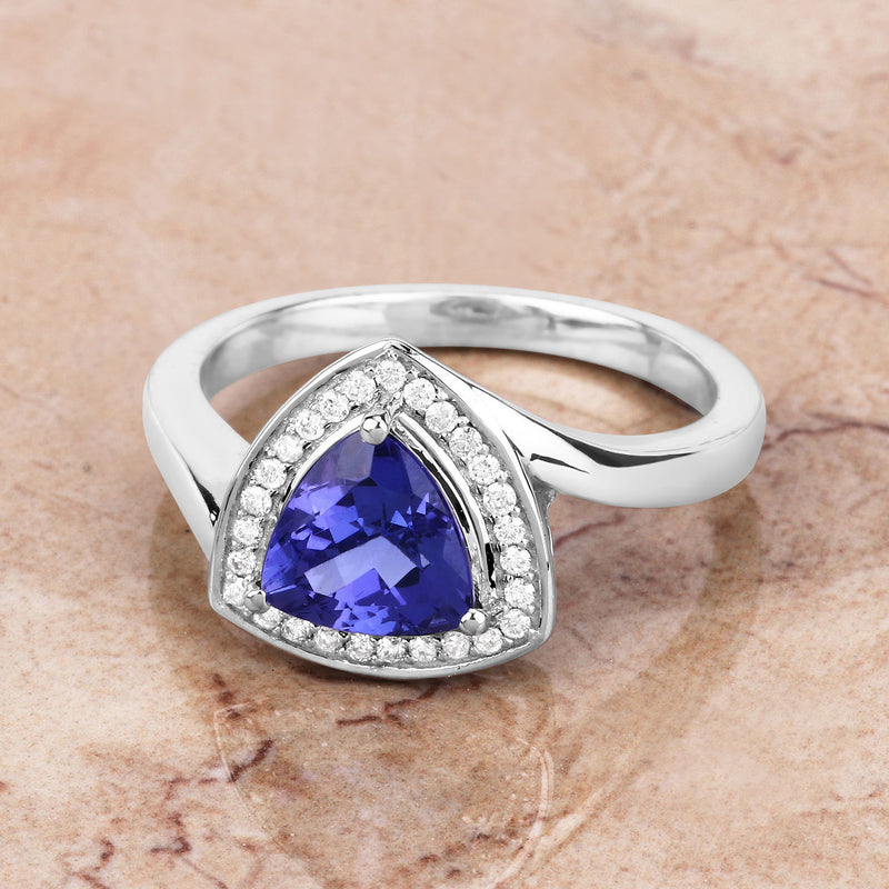 1.48 Carat Genuine Tanzanite and White Diamond 14K White Gold Ring