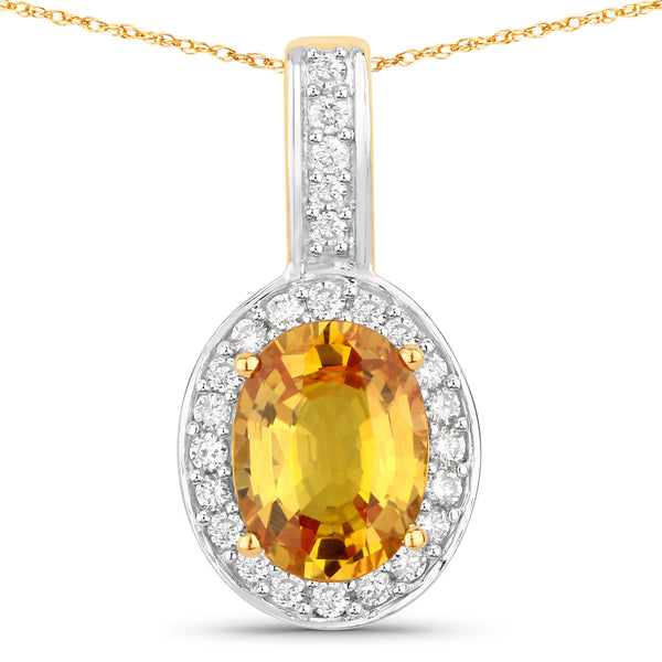 1.80 Carat Genuine Yellow Sapphire and White Diamond 14K Yellow Gold Pendant