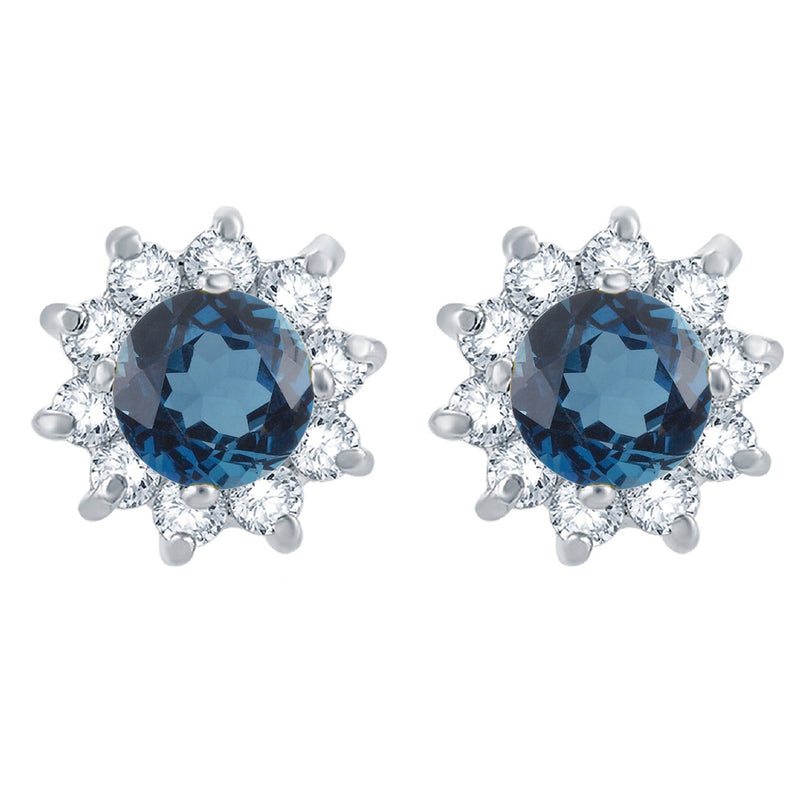 V3 Jewelry Flower Stud Earrings 925 Sterling Silver in 3.50CTTW Natural London Blue Topaz and White Topaz