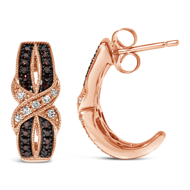 10K Rose Gold 1/3 Cttw White and Brown Diamond Milgrain Criss Cross J-Hoop Earrings (I-J Color, I1-I2 Clarity)