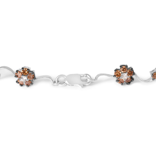 10K White Gold 4.0 Cttw Champagne and White Diamond Floral Cluster and Station Link Bracelet (H-I Color, SI2-I1 Clarity) - 7" Inches