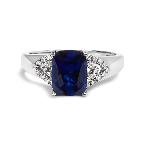 .925 Sterling Silver 9X7 mm Cushion Cut Blue Sapphire and White Diamond Step up Engagement Ring (I-J Color, I3 Clarity) - Ring Size 7