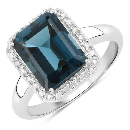 3.86 Carat Genuine London Blue Topaz and White Diamond .925 Sterling Silver Ring