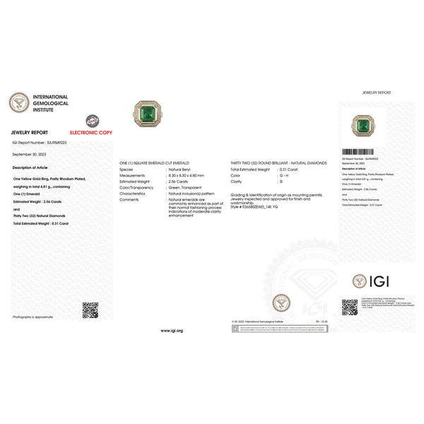 IGI Certified 2.87 Carat Genuine Zambian Emerald and White Diamond 14K Yellow Gold Ring