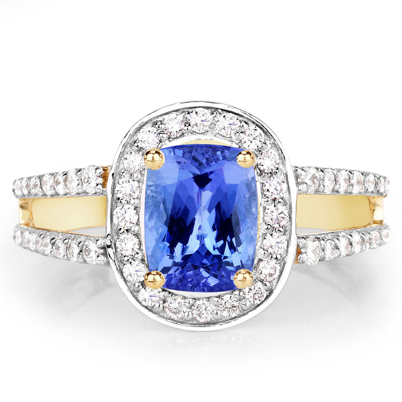 1.64 Carat Genuine Tanzanite and White Diamond 14K Yellow Gold Ring (I Color, SI Clarity)