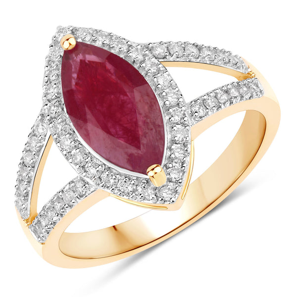 1.98 Carat Genuine Ruby and White Diamond 14K Yellow Gold Ring