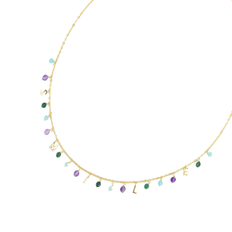 V3 Jewelry 18K Gold plated Natural Amazonite, Jade and Amethyst Smile Station Necklace