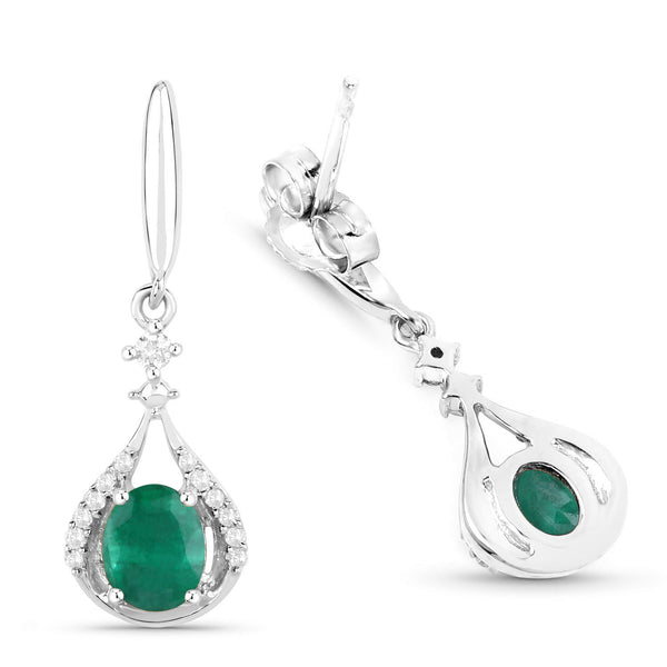 0.70 Carat Genuine Zambian Emerald and White Diamond 14K White Gold Earrings