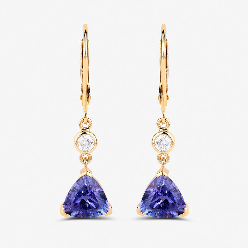 4.44 Carat Genuine Tanzanite and White Diamond 14K Yellow Gold Earrings