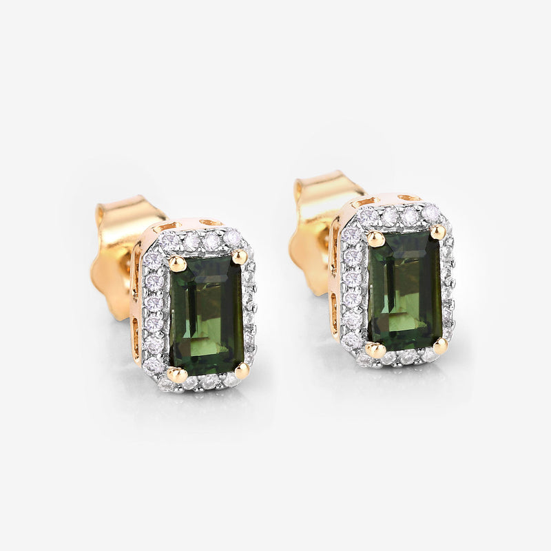 0.76 Carat Genuine Green Tourmaline and White Diamond 14K Yellow Gold Earrings