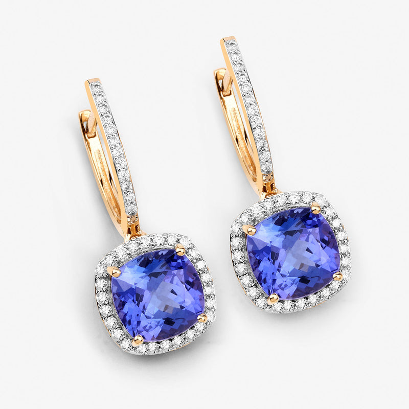 6.03 Carat Genuine Tanzanite and White Diamond 14K Yellow Gold Earrings