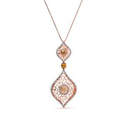 14K Rose Gold 4 5/8 Cttw Rose Cut Diamond and White Diamond Double Floral Rhombus 18" Inch Pendant Necklace (Brown/I-J Color, I1-I2 Clarity)