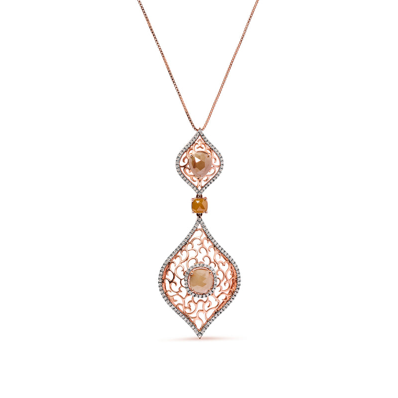 14K Rose Gold 4 5/8 Cttw Rose Cut Diamond and White Diamond Double Floral Rhombus 18" Inch Pendant Necklace (Brown/I-J Color, I1-I2 Clarity)