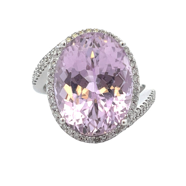 Natural 12.66ct Kunzite Diamond Ring 14KT White Gold