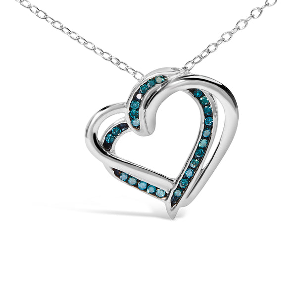 925 Sterling Silver 1/10 Cttw Treated Blue Diamond Double Heart 18" Pendant Necklace (Blue Color, I2-I3 Clarity)