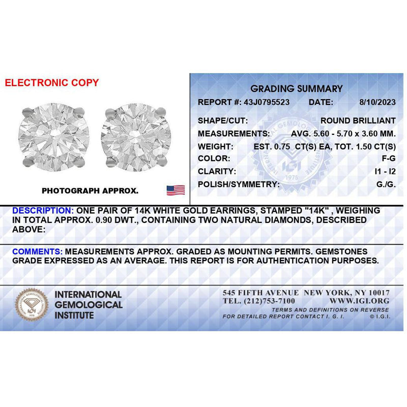 IGI Certified 14K White Gold 1 1/2 Cttw Round Diamond Solitaire Stud Earrings with Screwbacks (F-G Color, I1-I2 Clarity)