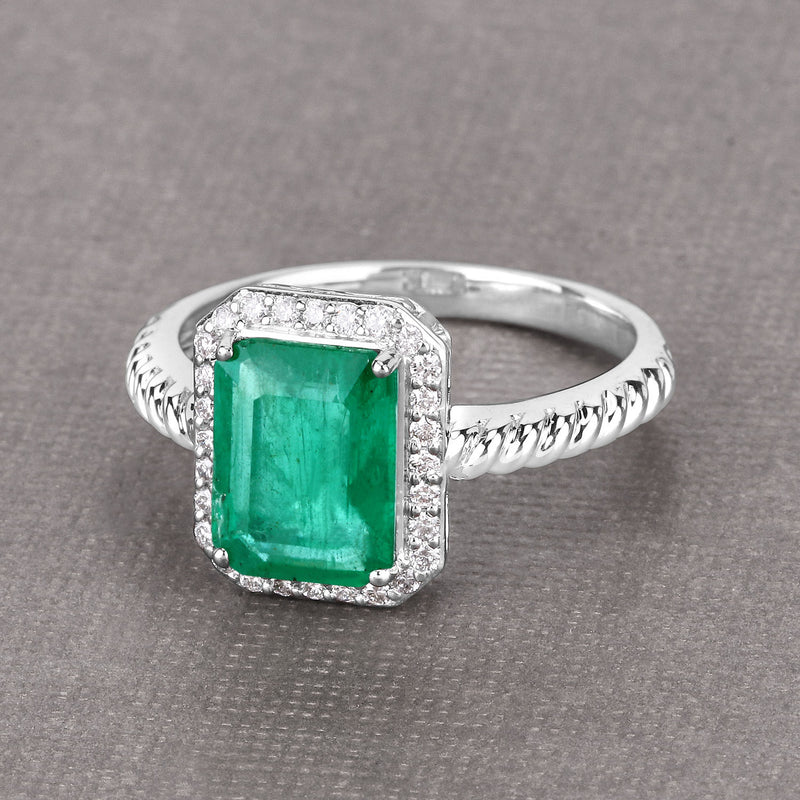 IGI Certified 2.22 Carat Genuine Zambian Emerald and White Diamond 14K White Gold Ring