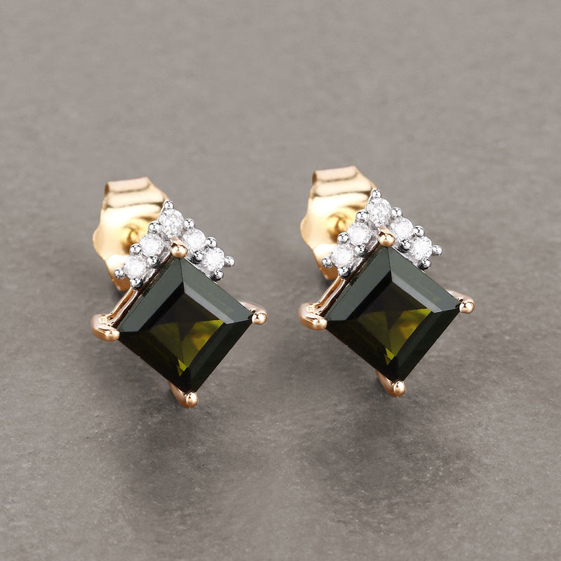 1.66 Carat Genuine Green Tourmaline and White Diamond 14K Yellow Gold Earrings